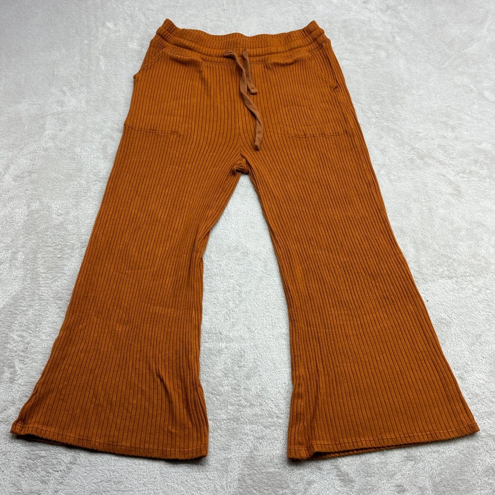 Beyond Yoga Wide Leg Pants Women M Orange Ribbed Drawstring Loungewear Cozy Boho